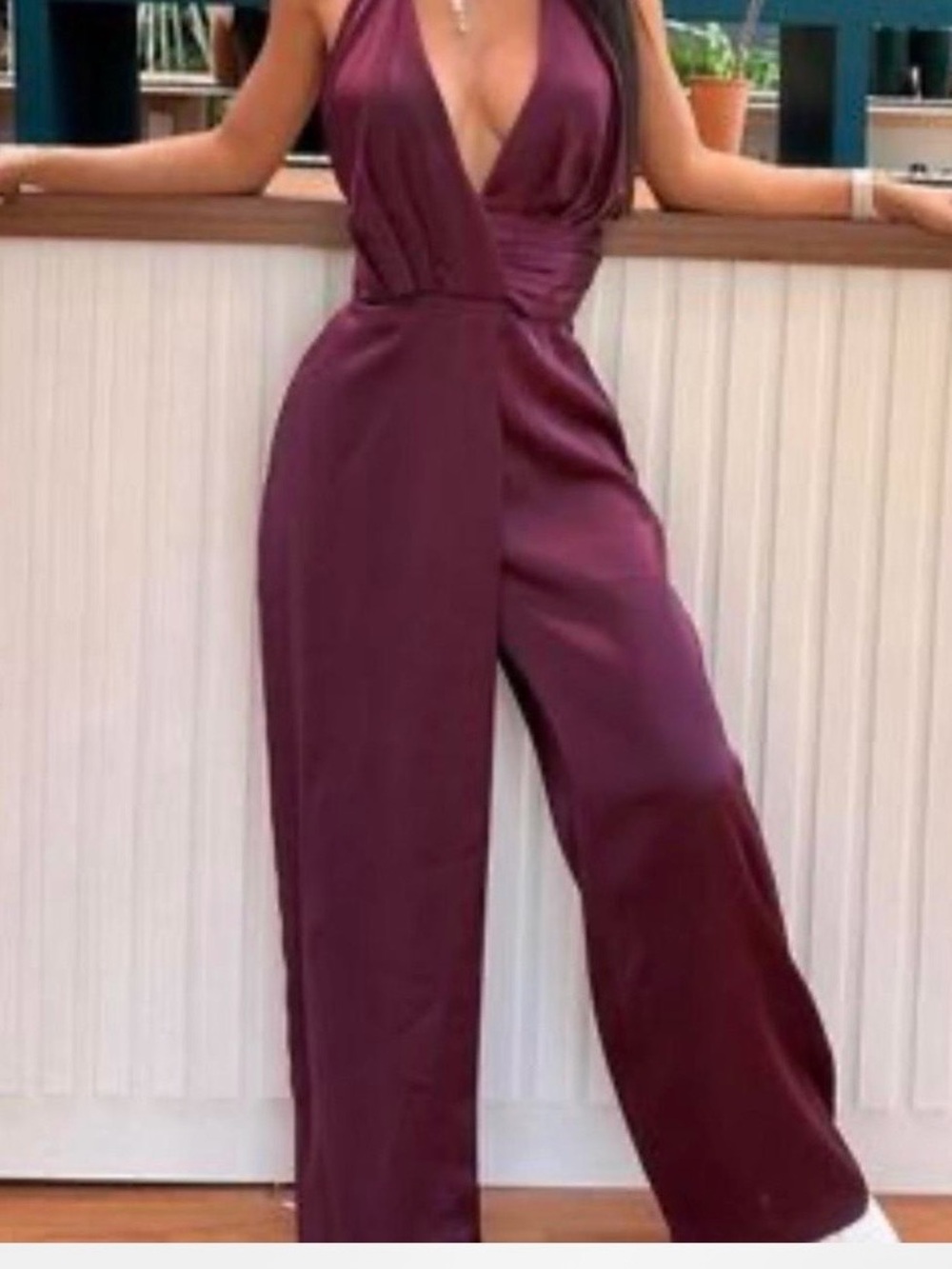 Zara Plum Plunge Halter Wide-Leg Jumpsuit